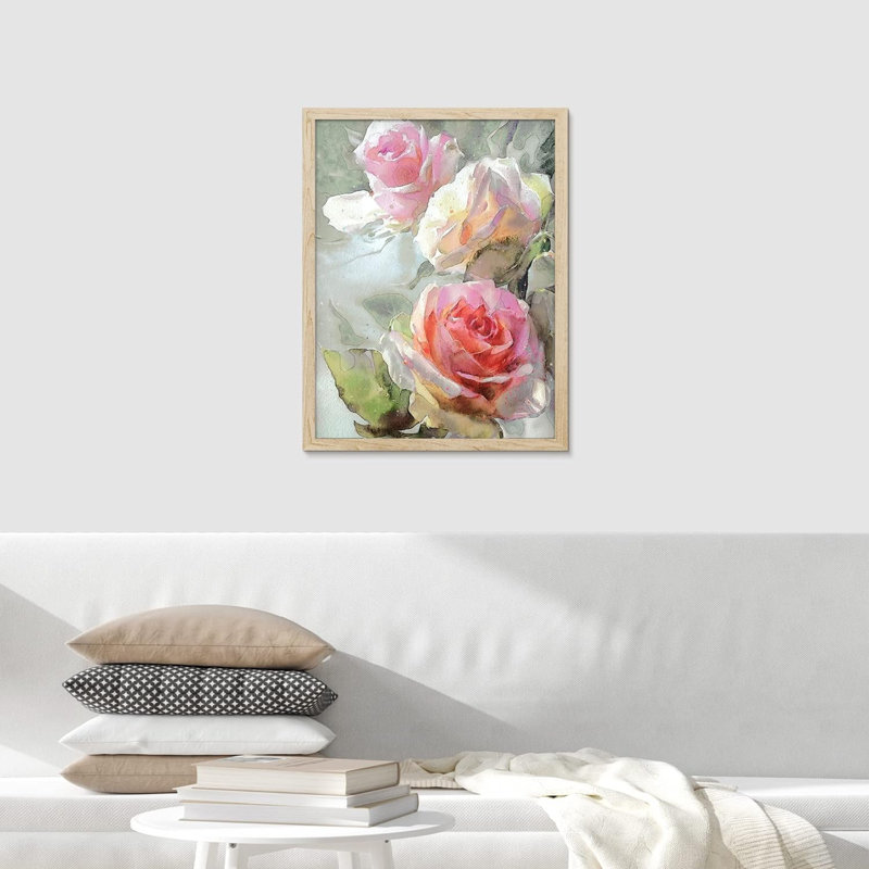 "Pastel" rose et blanc aquarelle roses Art mural, impression botanique encadrée sur papier, Naturel