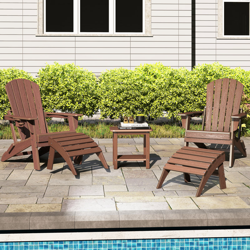 5-piece Hdpe Plastic Adirondack Chair Set With Side Table & Ottomans – All-weather Outdoor Patio Conversation Set, Coffee