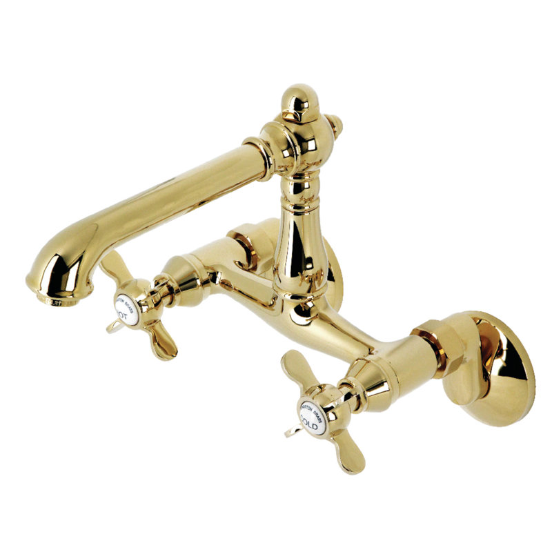 Kingston Brass Essex Double-Handle 2-Hole Wall-Mount Bridge Kitchen Faucet, Polished Brass