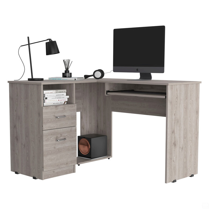 Bureau en L, plateau à clavier, deux tiroirs, une tablette ouverte, Chêne gris, H 30,4 po x l 47,24 po x P 41,3 po