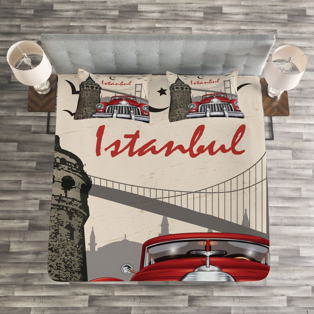 Gestepptes Bettdecken-Set, Vintage Stadt-Landschaft, Istanbul, Mehrfarbig