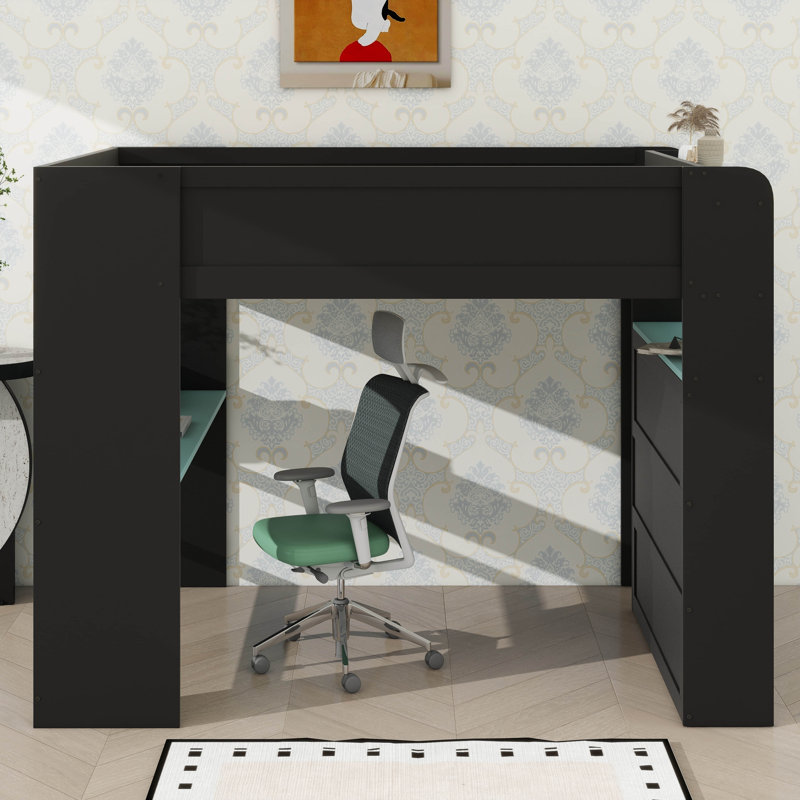 Lit superposé double avec bureau réglable en hauteur, avec garde-robe et choix d'éclairage RVB, Bleu