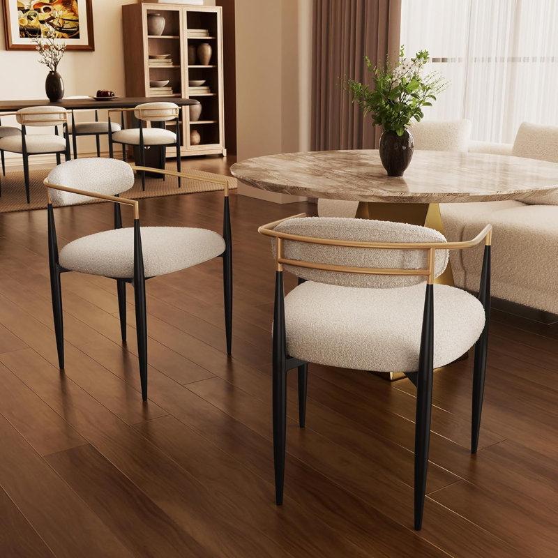 Modern Boucle Dining Chair for Kitchen, Gold Armchair , White Boucle