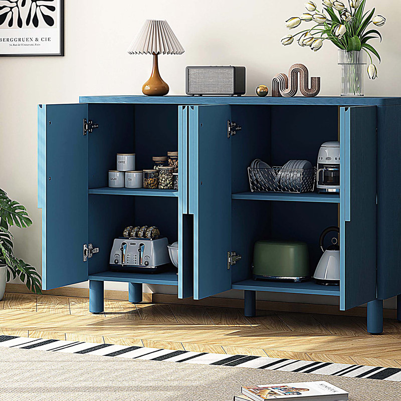 4-Door Wood Sideboard Cabinet with Unique Arc Handles and Adjustable Shelves, Navy