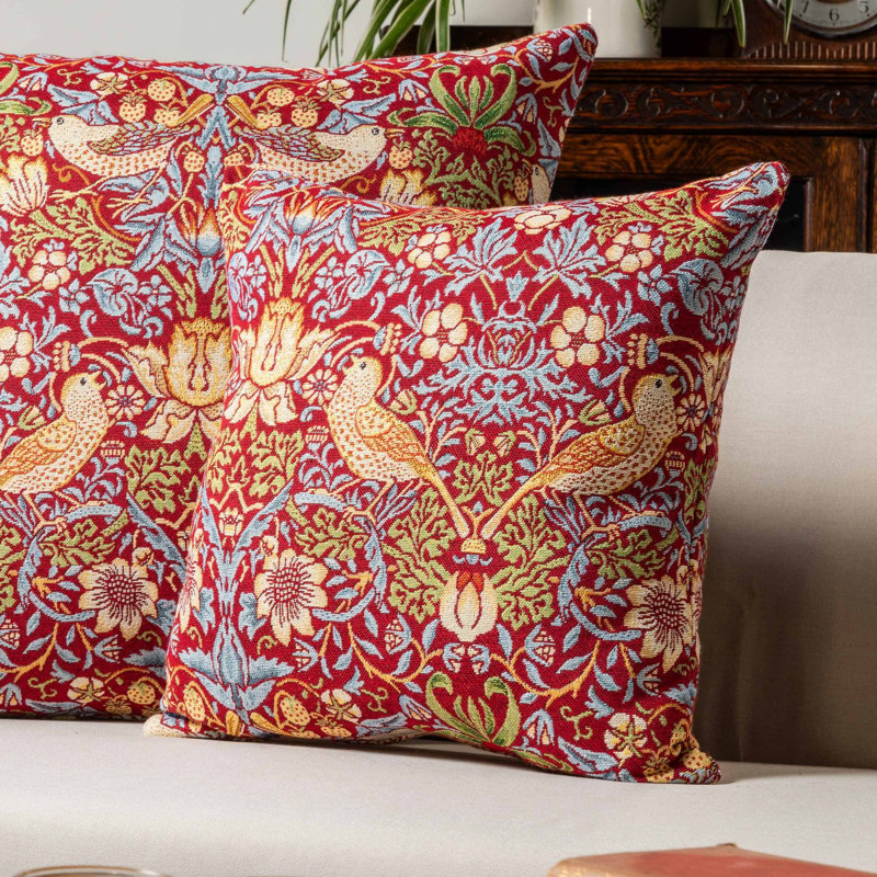 William Morris Strawberry Thief Tapestry Cushion in Red, Synthetic filled, 58x58cm