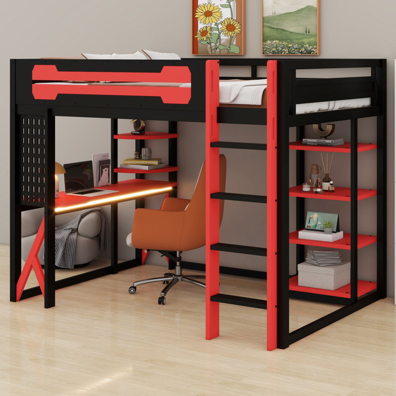 Lit mezzanine avec bureau et tablettes de rangement, structure en bois avec station de charge et lumière RVB, Noir et rouge