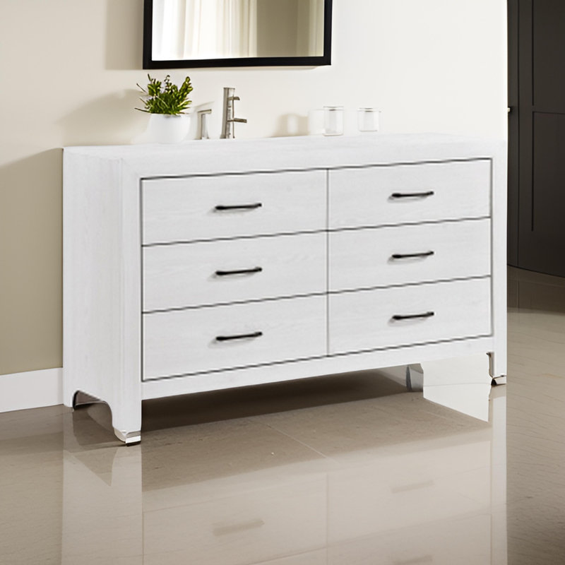 Commode Schrey de 59 po de largeur, 6 tiroirs avec poignées en nickel noir, finition blanche