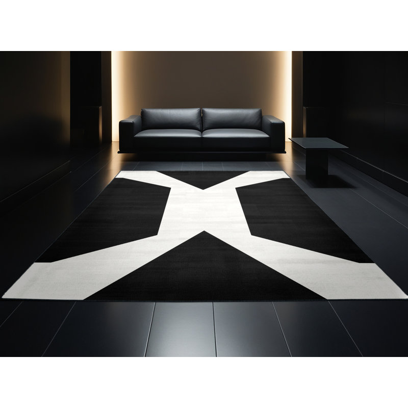 Machine Washable Manhasset Contemporary Geometric Shapes Rug in Black – Black Binding, 6' Round