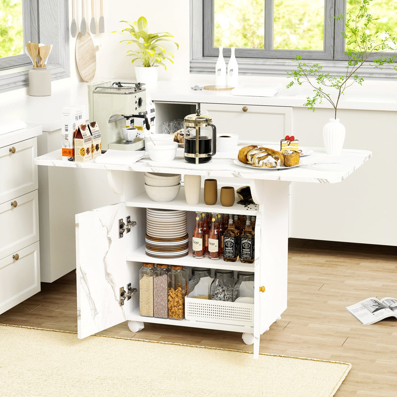 47" Wood Folding Dining Table With Storage Rack And Cabinet, Removable Entryway Table With 6 Wheels, White Marble Color Kitchen Island, Side Table And Coffee Table Versatile Table Space Saving