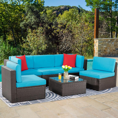 Ensemble de conversation modulaire en rotin 6 pièces avec canapé, coussins, coussins et table en verre pour le porche, la pelouse et la cour