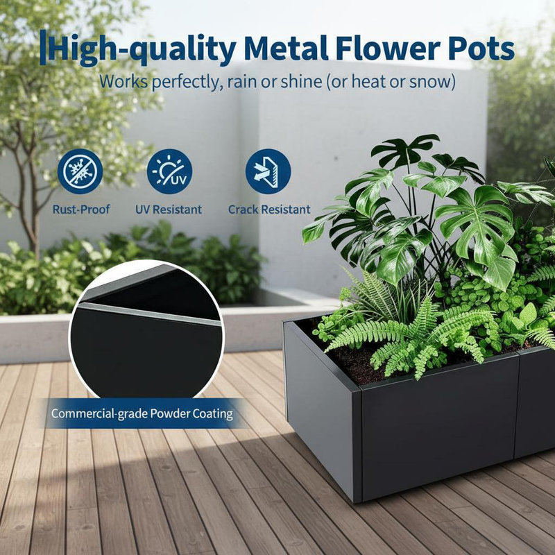 Boîte à fleurs en métal pour plantes d'extérieur, conception à base ouverte, 12 po H x 68 po L x 18 po P