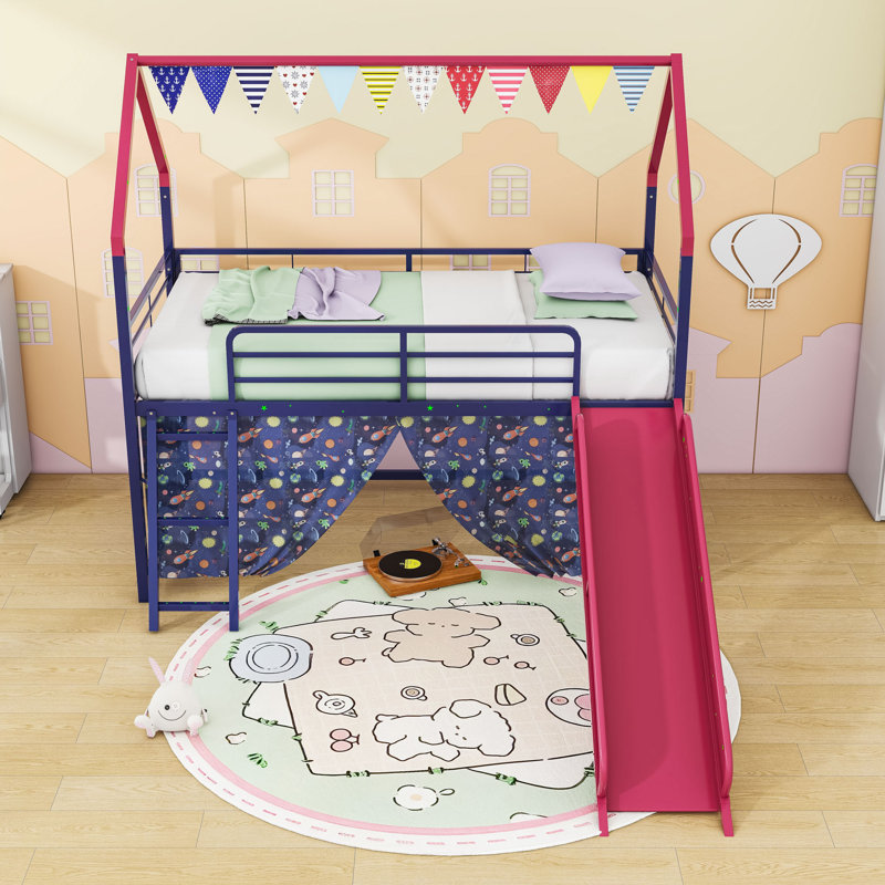 Metal House Twin Loft Bed With Slide, Curtain Set, Guardrails And Ladder, Navy Blue Red