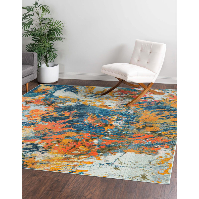 Tapis abstrait orange / bleu Octagon, Carré 9 pi 10 po
