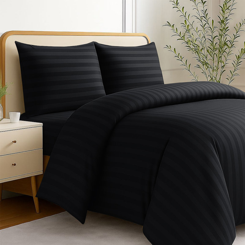 Striped 4-Piece Microfiber Bedding Set, Duvet Cover, Fitted Sheet & Pillowcases , Black Striped