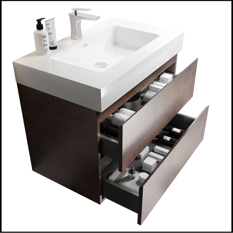Meuble-lavabo simple mural 29,9 po avec plateau en céramique Willys, Blanc / Noyer, Blanc + noyer