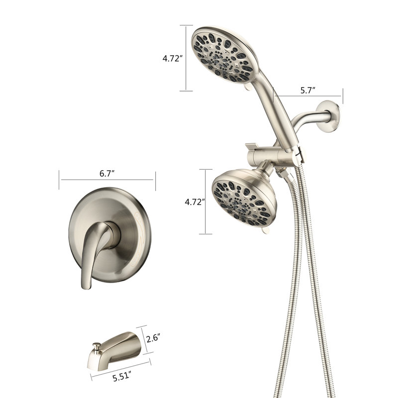 Tub Spout Shower System - Dual 2 In 1 Faucet With Valve. 7 Spray Modes For A Relaxing Bath Experience. Brushed Nickel High Valve Faucet.