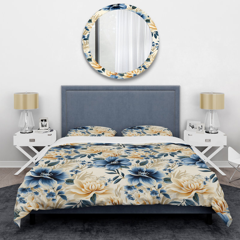 Literie Blue and White Flowers Retreat IV, Housse de couette pour grand lit et 2 taies décor