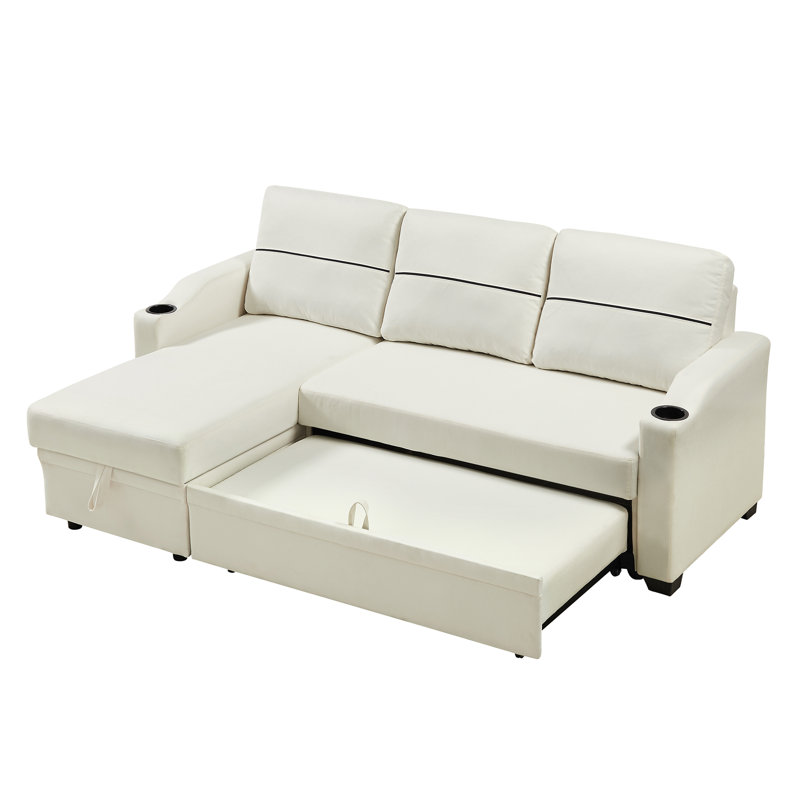Upholstered L-Shaped Sectional Reversible, Beige Polyester