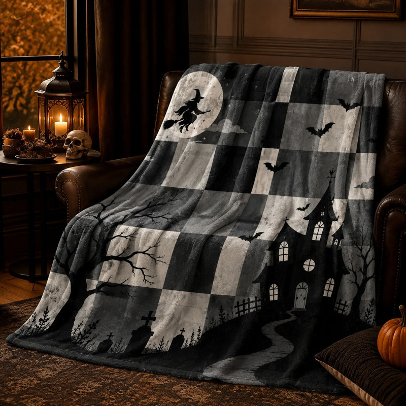 Couverture polaire décorative pour l'Halloween, motif maison hantée, sorcière, chauves-souris, arbre et cimetière. Couverture douce et légère en peluche pour canapé, lit, chambre à coucher, salon.