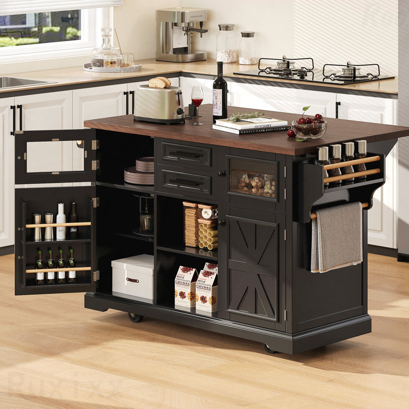 54.9" Kitchen Island With Drop Leaf, Power Outlet, Kitchen Storage Cart With 4 Door Shelves, Cross Barn Doors & Visual Glass Door, Rolling Kitchen Island On 4 Wheels For Kitchen, Dining Room