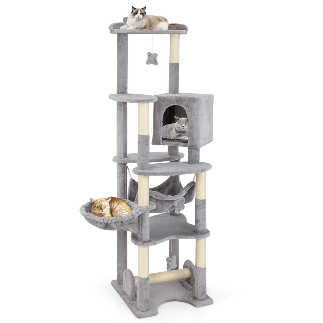 Multi-level Cat Tree 176cm Tall Cat Tower w/Top Perch & Cozy Condo-Grey