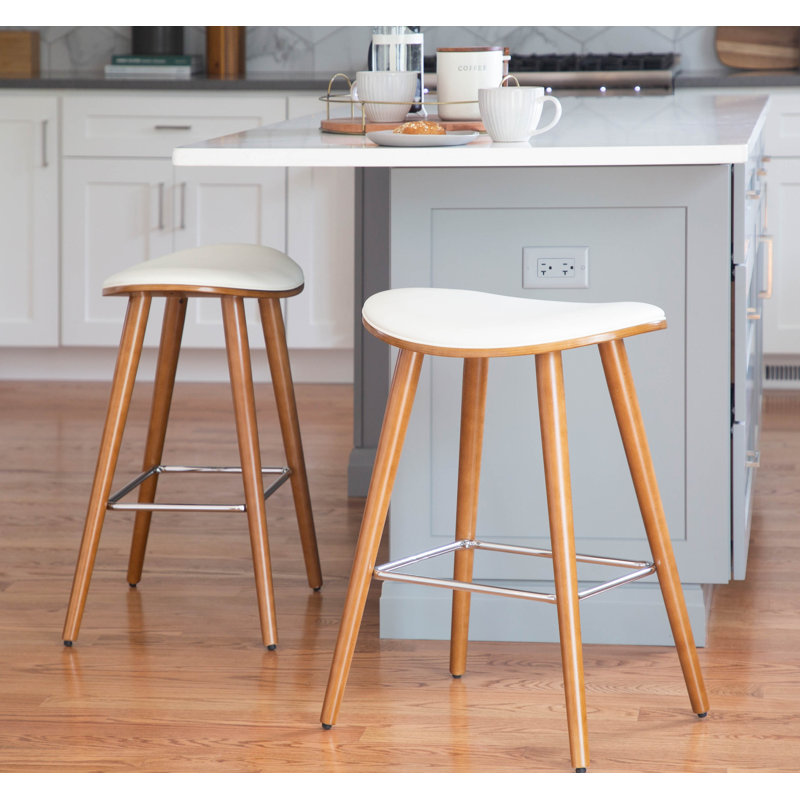 Tabouret de comptoir 25 po Cabott, Similicuir blanc, Walnut Wood/Chrome Metal