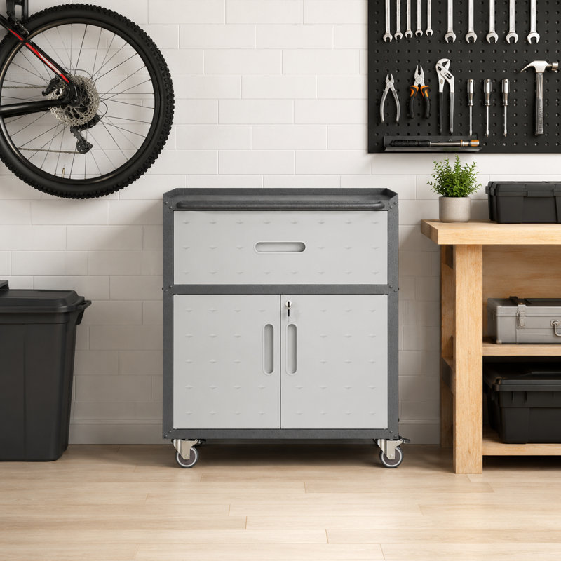Armoire de rangement en métal robuste de 34,65 po avec tiroir et portes verrouillables, armoire de sécurité mobile de 320 lb avec tablette réglable, clôture surélevée et roulettes verrouillables pour garage, atelier et bureau, noir / gris