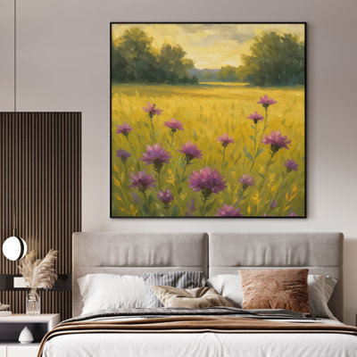 Très grande reproduction d'art sur toile - Wildflower Field, paysage rétro, œuvre d'art pour le salon ou la chambre à coucher