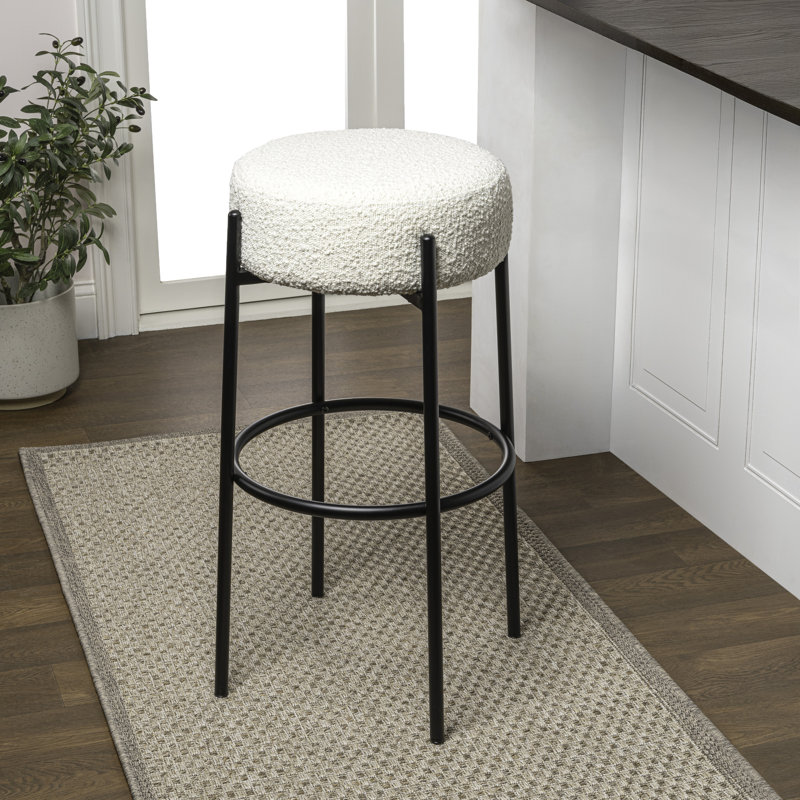 Paola 30" Industrial Round Backless Bar Stool, White Bouclé Seat and Black Metal Frame for Kitchen Island or Home Bar, White