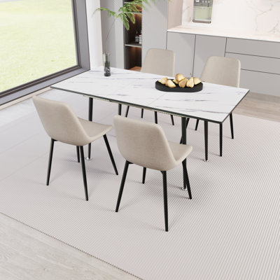 Ensemble de table de salle à manger et de chaises de 47 à 63 po en bois aggloméré moderne extensible, convenant à 2 à 6 personnes, table de salle à manger blanche et beige moderne, ensemble de 4 pièces, base en métal et chaise en lin