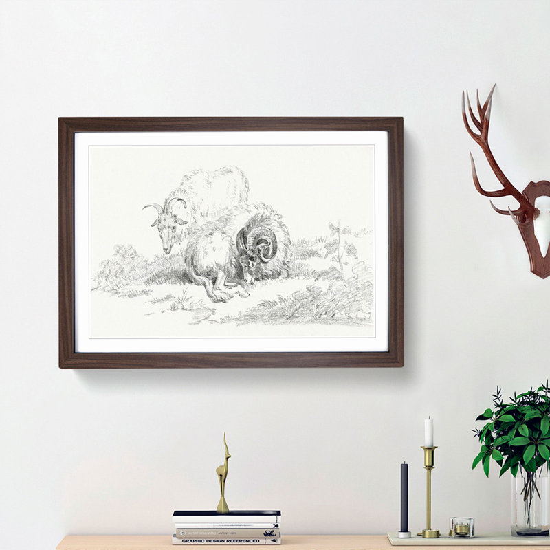 Sketch of Two Goats by Jean Bernard - Picture Frame Drawing Print, Walnut Framed, 48cm H x 65cm W x 2cm D