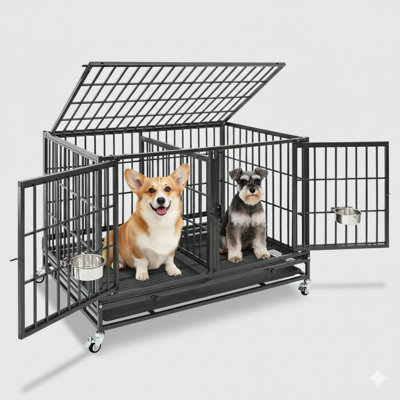 Cage pour chien de 43 pouces, cage de cage pour chien empilable robuste pour chiens de taille moyenne avec cloison, bols, 3 portes, grille et plateau amovibles, 4 roues verrouillables, cages de reproduction et de toilettage pour chiens