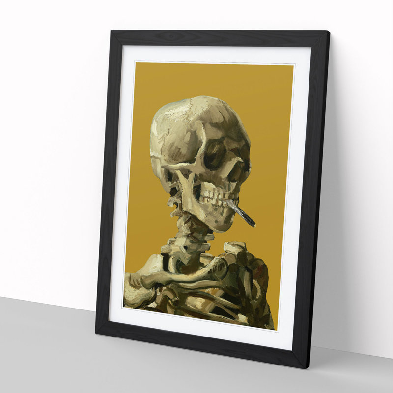 Mustard Skull of a Skeleton with Cigarette by Vincent Van Gogh - Picture Frame Painting on MDF, Black Framed