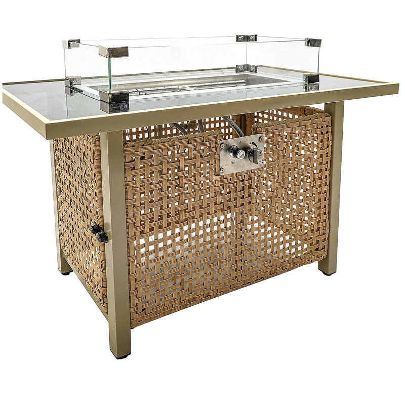43" Propane Gas Fire Pit Table, 60,000 BTU Rectangular Open Weave Wicker Fire Pit with Glass Windscreen, Suitable for Outdoor Patio, Balcony, Garden, and Backyard