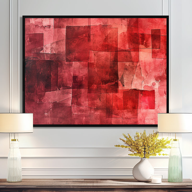 Cubist Red Secrets - Abstract Collages, art mural, H 12 po x l 20 po x P 1 po, Toile avec cadre flottant noir