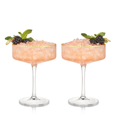 Viski Meridian Vintage Coupe Glasses, Art Deco Champagne Coupe Glassware, Gold Rimmed Stemmed Drinkware