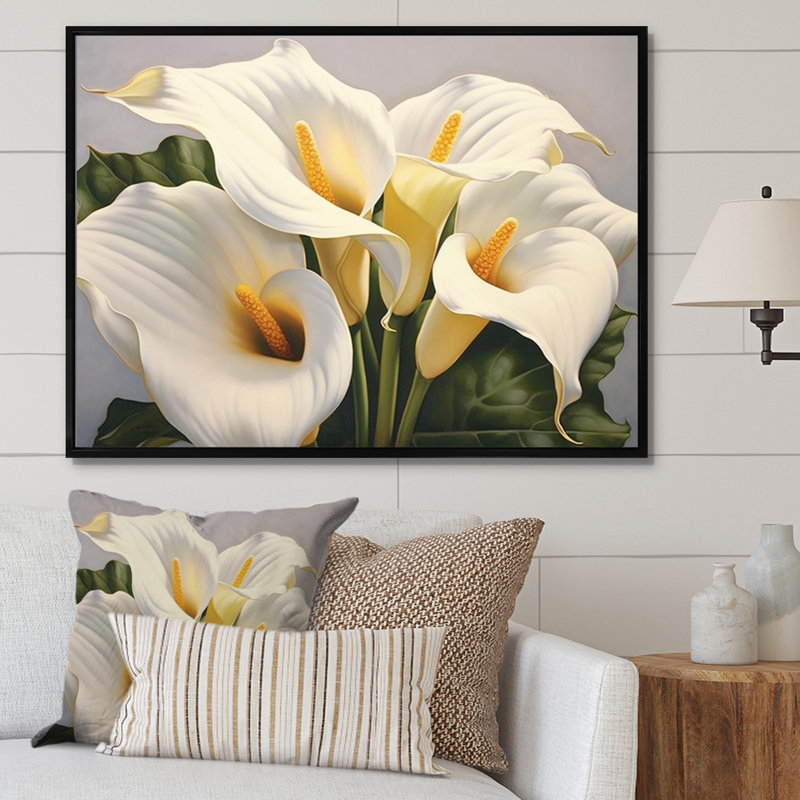 White Green Lily Serenade On Canvas Print, 24" H x 32" W x 1" D, Black Floater Framed