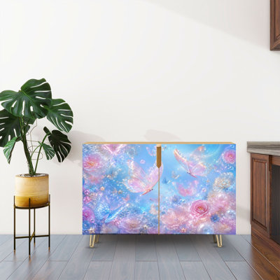 Sideboard Buffet Cabinet with Storage Dreamy Pastel Butterflies Flowers Sparkles Blue with 2 Doors for Living Room and Kitchen