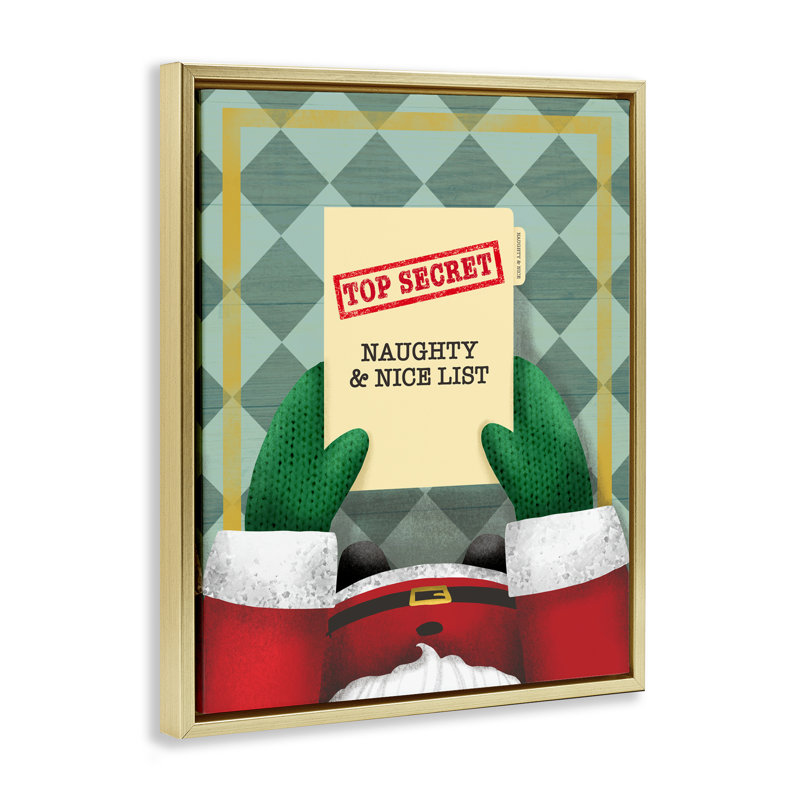Cadre flottant Top Secret Santa List, design par Jilly Jack Designs, H 31 po x l 25 po, Cadre flottant métallique doré