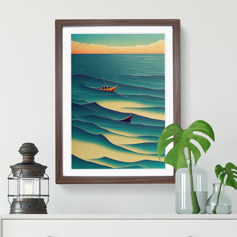 Boat in the Waves - Wall Art, 36cm H x 27cm W x 2cm D, Walnut Framed, White