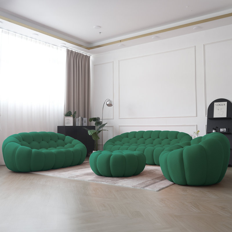 Ensemble de salon rembourré en forme de citrouille avec repose-pieds 4 pièces Cenie (6 places), Vert