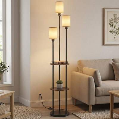 70.9" Floor Lamp with Shelves and Three Linen Shades