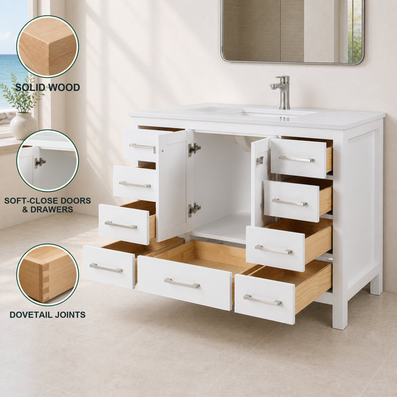 Anvay 48 in. Single Sink Freestanding Bathroom Vanity in Matte White with Carrara Quartz Top, Matte White, Quartz White