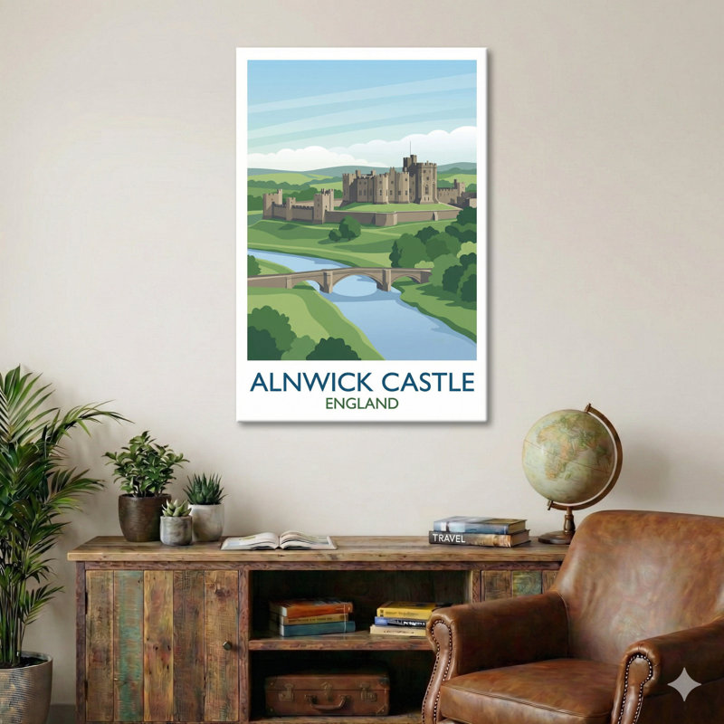 Alnwick Castle, England - Romantic Travel Poster Capturing Northumberland's Timeless Castle. Giclée Print on Wrapped Canvas. Wall Art, Home Decor - Castles & Palaces, England 1 Piece Wrapped Canvas Wall Art
