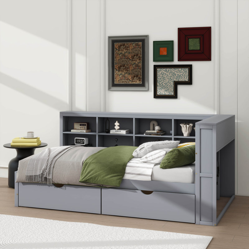 Twin-Size Wooden Daybed With 2 Drawers, A Storage Rack, And USB Charging Ports, Gray