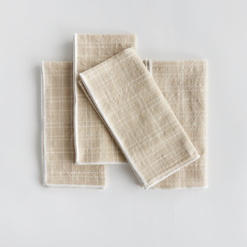 Serviettes de table Eggett Toile, Plaid, Taupe / Blanc, Couture droite