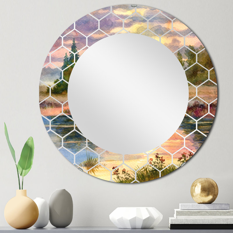 Coucher de soleil sur le lac I - miroir mural traditionnel, 24 po x 24 po