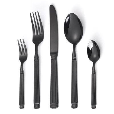 Ensemble de couverts 20 pièces en acier inoxydable à colonne romaine moderne - résistants, lavables au lave-vaisselle, plaqués titane, noirs - service pour 4
