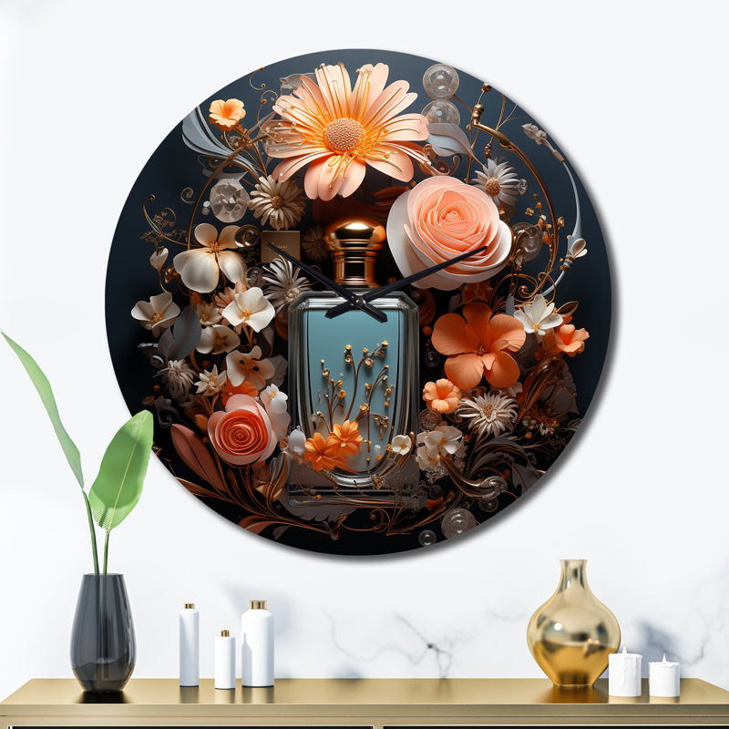 Horloge murale en forme de bouteille de parfum avec fleurs roses, Très grand