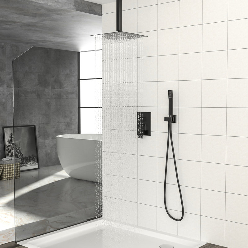 Système de pomme de douche double au plafond carré mat noir de 10 pouces avec fonction d'échaudage, nettoyage facile et portatif pour différents besoins, tête réglable à 360 °, incluse